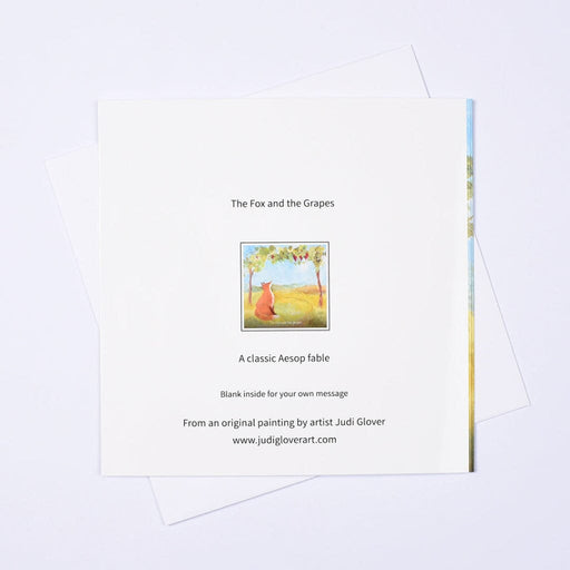 Back of The Fox and the Grapes greeting card by Judi Glover — blank inside, from an original painting. A classic Aesop fable