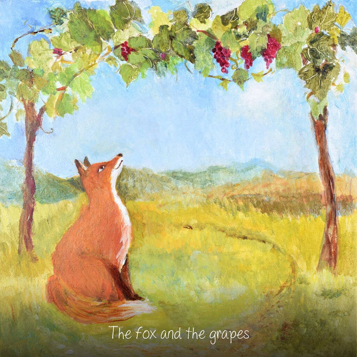 The Fox and the Grapes — original painting by Judi Glover featuring a red fox looking longingly up at clusters of red grapes draped between two trees in a sunlit meadow