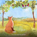 The Fox and the Grapes — original painting by Judi Glover featuring a red fox looking longingly up at clusters of red grapes draped between two trees in a sunlit meadow