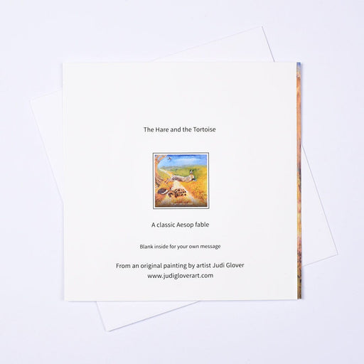 Back of The Hare and the Tortoise greeting card by Judi Glover — blank inside, from an original painting, A classic Aesop fable