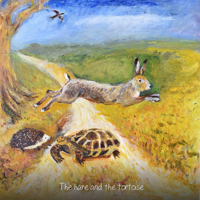 The Hare and the Tortoise — original painting by Judi Glover featuring a bounding hare, tortoise and hedgehog on a sunlit country track with a swallow overhead