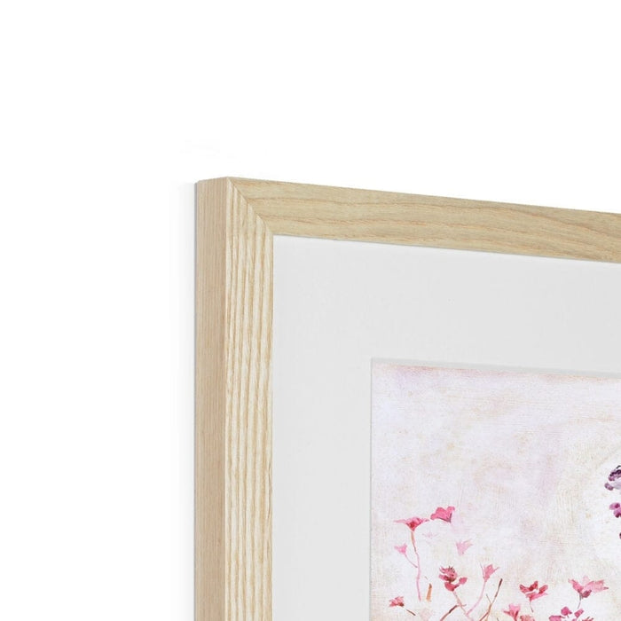 A close up image of a botanical print showing the natural wooden frame and high quality mount for this framed wall art by www.judigloverart.com