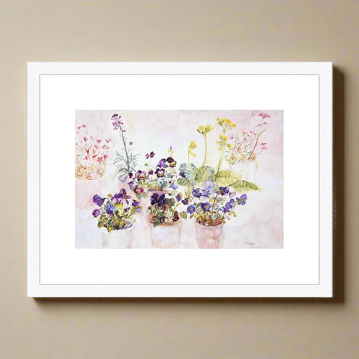 Framed art print of a watercolour painting of early summer flowers in their flowerpots. This wall art floral print measures 16" x 12"