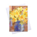 A special card of a happy bunch of daffodils in a blue vase. This art greeting card is made from a painting by Judi Glover Art