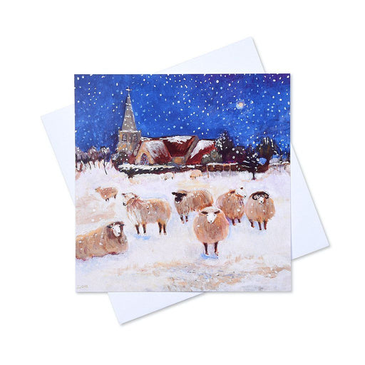 Christmas cards online at www.judigloverart.com with a flock of sheep in a snowy field next to the village church. The artist Christmas cards show a village Christmas and are in a pack of six