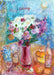 Beautiful birthday card with birthday flowers from an artistic painting available online at Judi Glover Art. The art birthday card shows a vase of flowers on a table with happy birthday written on the card, it is blank inside and provided with envelopes
