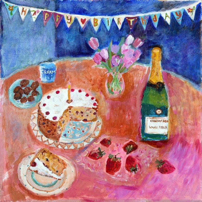 Art birthday card with a painting of birthday cake and champagne available online at Judi Glover Art. The birthday cake card is 6" x 6" and blank inside with envelopes