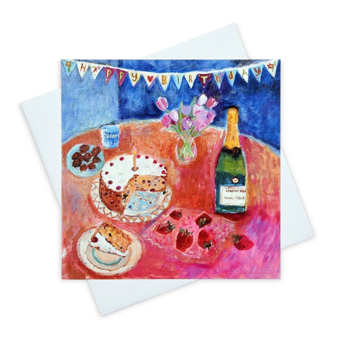 Art birthday card made from a fine art painting of birthday cake, champagne and chocolates by Judi Glover Art. Each art birthday card is blank inside, measures 6 x 6 and is provided with an envelope