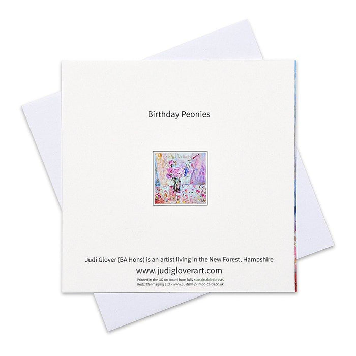 Pretty birthday card by judi glover art. The birthday card for her shows pink peonies from a painting with happy birthday on the front of the card
