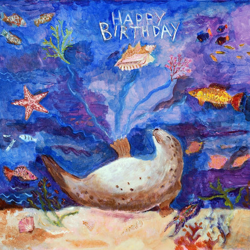 Birthday card for children by judi glover art. The birthday wishes card is from a painting and shows a seal wishing happy birthday