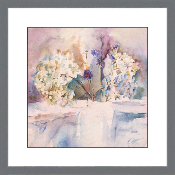 Flower print by Judi Glover art. The hydrangea print is from a painting by Judi Glover.  The hydrangea art print is shown in a dark grey frame and is available as a framed print in 30 x 30, 40 x 40 and 50 x 50 cms