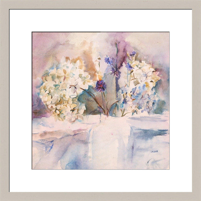 Hydrangea art print from a painting by Judi Glover Art. The hydrangea art print is shown in a light grey frame. Each flower print is available in 30 x 30, 40 x 40 or 50 x 50 cms