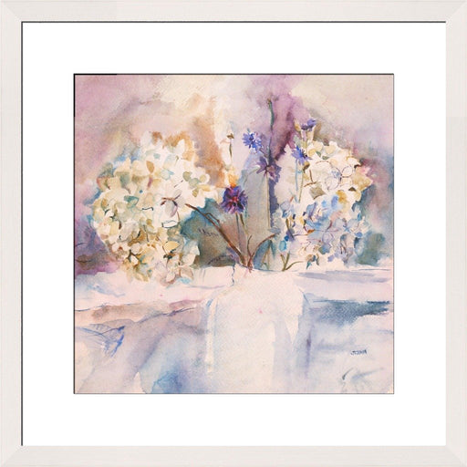 Blue hydrangea print from a painting of hydrangeas by Judi Glover Art. The flower print is shown in a white frame. Each hydrangea art print is made in the UK