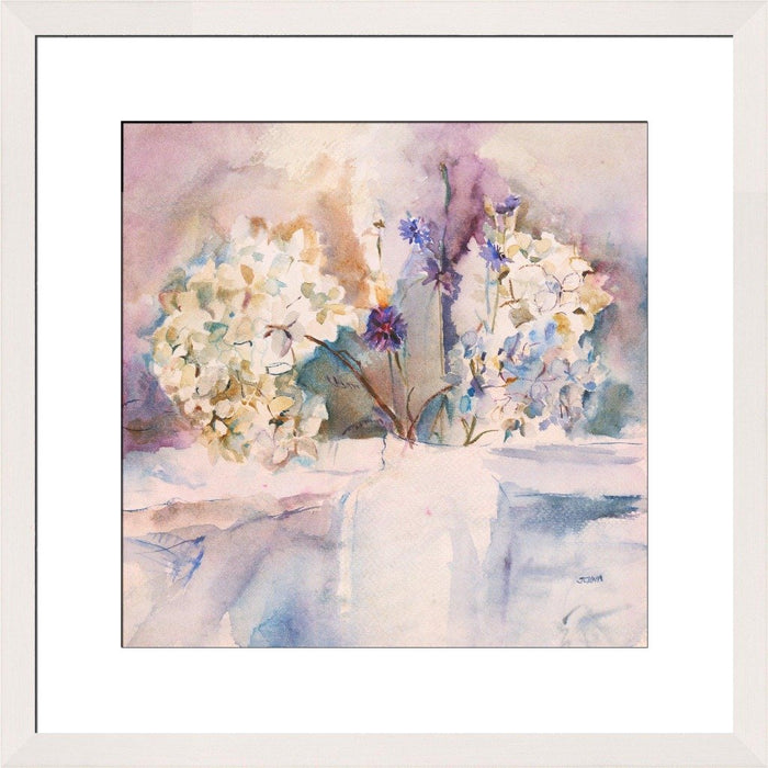 Blue hydrangea print from a painting of hydrangeas by Judi Glover Art. The flower print is shown in a white frame. Each hydrangea art print is made in the UK