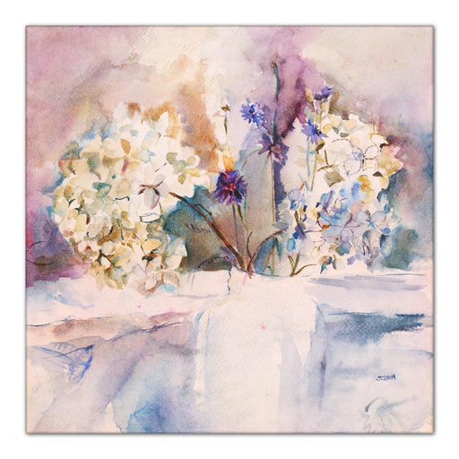 blue hydrangea Canvas Print made from an original watercolour painting of a blue hydrangea. Available as a framed canvas print or stretched canvas print for wall art. Original art by Judi Glover and available at Judi glover art.