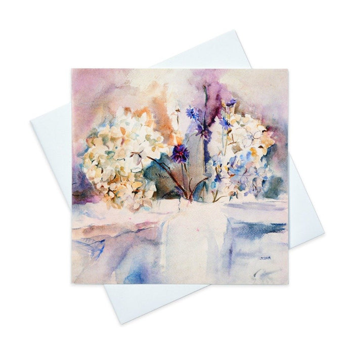 Hydrangea greeting card with blue hydrangeas made from original art in the UK and available from Judi Glover Art