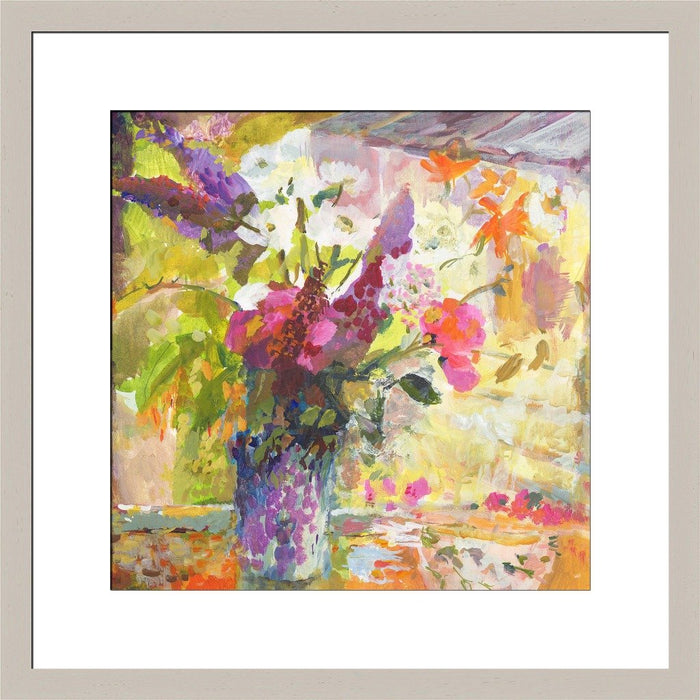 Flower wall art in a light grey frame available at Judi Glover Art. Each floral art print shows buddleia, sweet peas and daisies and is available in 30 x 30, 40 x 40 and 50 x 50 cms