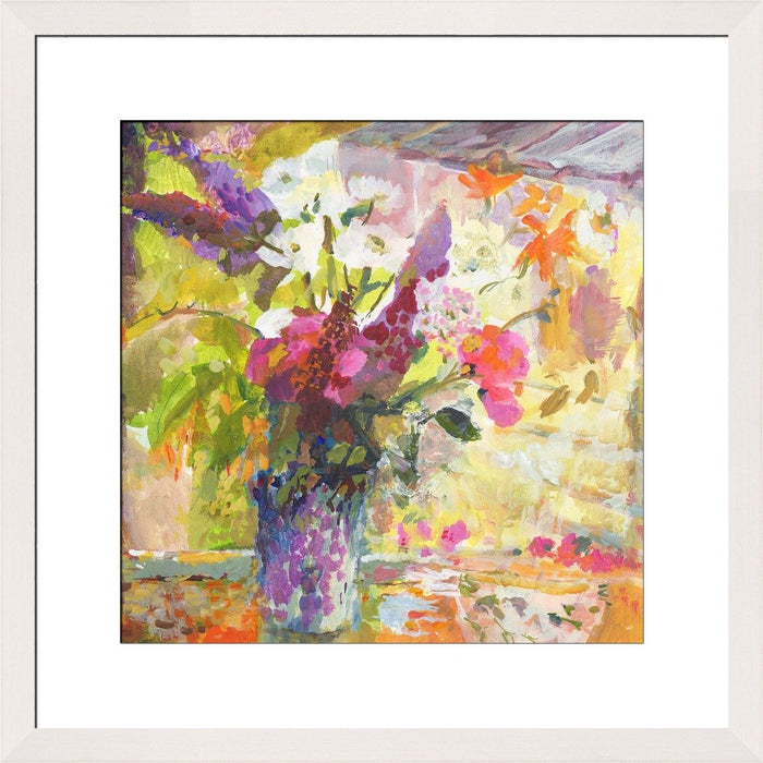 Floral art print by Judi Glover Art. The flower wall art shows buddleia, sweet peas and daisies on a print which is framed in a white frame