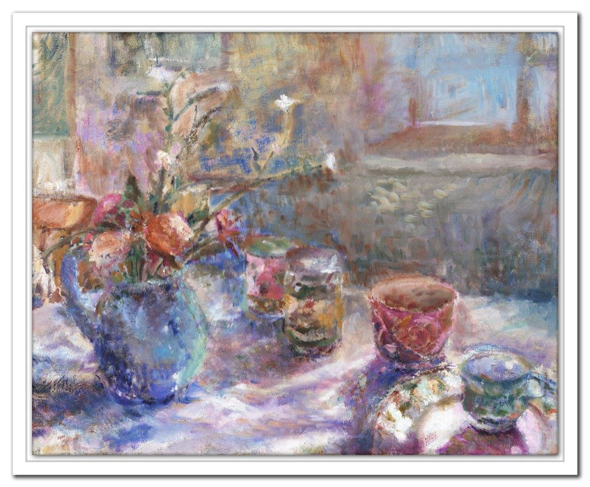 Still life Canvas Print. Canvas Print made from original still life painting of flowers and cups on a table. Canvas Print from original art. Available at Judi Glover Art. Original Painting by Judi Glover. Used for Wall Art. 