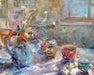 Fine art greeting card showing a still life with a blue jug with flowers inside and cups on a table by Judi Glover Art. The still life card is printed on high quality 300 gsm card