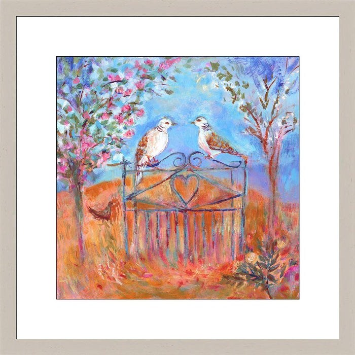 Dove prints framed in light grey by Judi Glover Art.  Each doves art print shows two turtle doves facing each other and is available at www.judigloverart.com