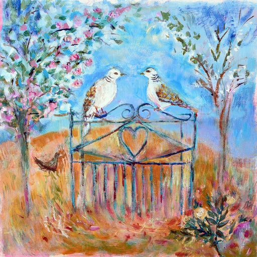 Romantic cards with two Doves perched on a gate under a bower of pink and white flower blossom. The Dove cards are available from Judi Glover Art