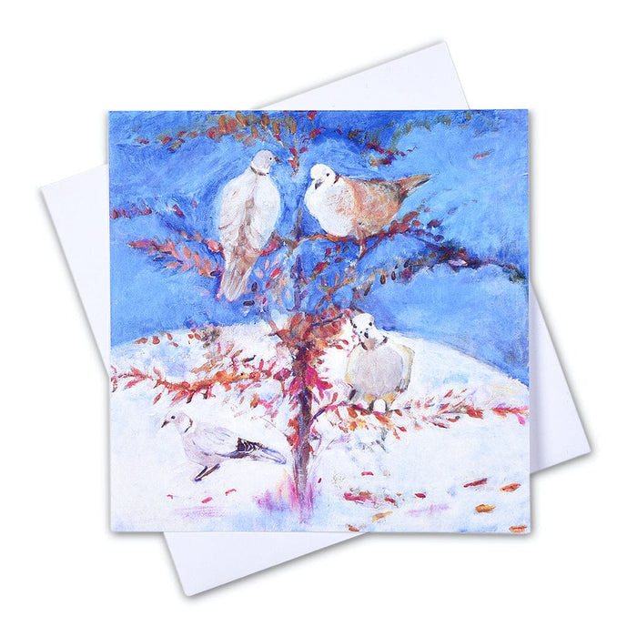 The christmas card pack at www.judigloverart.com contains six unique and artistic christmas card. This card shows four calling birds.