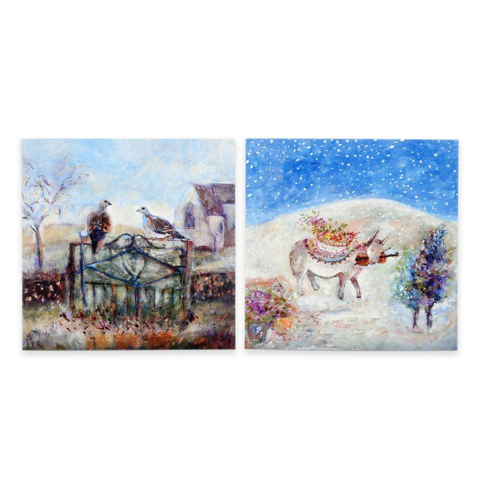 Fine Art Christmas Cards by Judi Glover Art. Art Christmas Cards made from Original Art. The painting of two turtle doves and a little donkey is by Judi Glover Art. The Christmas Card shows two turtle doves on a church gate and a little donkey in a snowy setting.