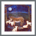 Christmas wall art by UK artist Judi Glover Art. The Christmas print is used for Christmas decor and shows lambs and a donkey in a stable under the moon