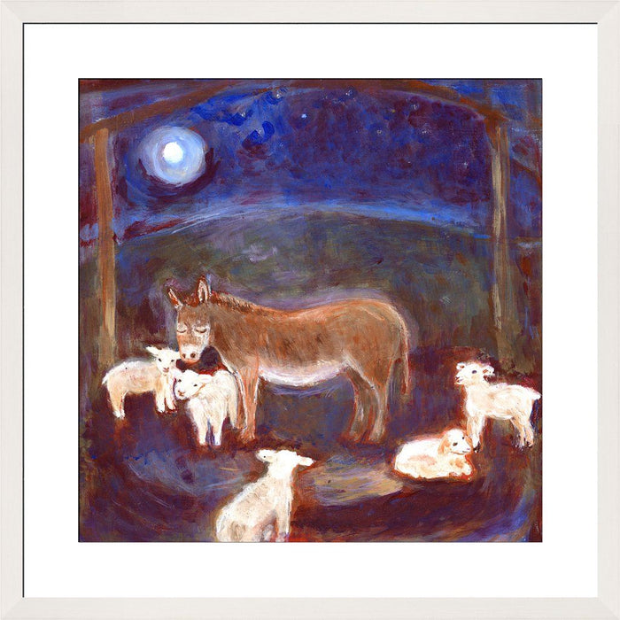 Christmas decor by judi glover art with a Christmas wall art print showing a donkey with lambs. The Christmas print is available in a choice of frame sizes