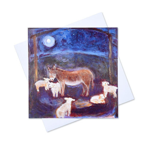Christmas Cards by Judi Glover Art showing a donkey and lambs on Christmas Eve. The art Christmas cards are made by a UK artist and are in a set of 6