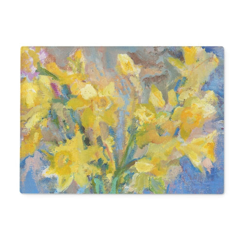 Yellow and blue are the main colours of this daffodil glass chopping board. The worktop saver brings colour to the kitchen and makes a delightful housewarming gift