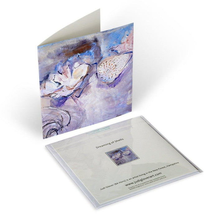 Art Card called Dreaming of Shells. A beautiful seashell card made from an original painting of shells. The card is hand printed in the UK on 300 GSM Card. Available at Judi Glover Art. 