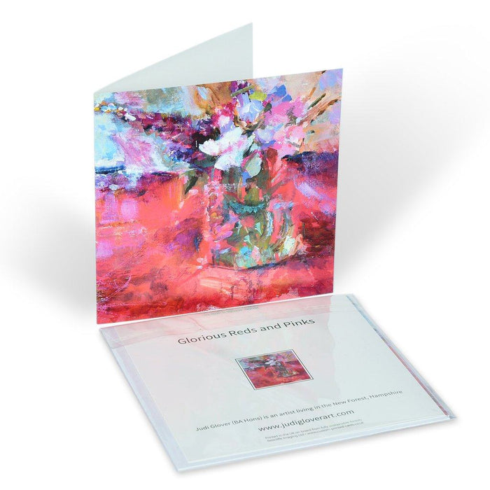 Abstract floral greeting card of red and pink flowers made from original art in the UK and available from Judi Glover Art