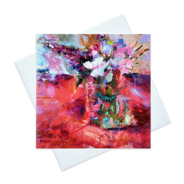Abstract floral greeting card of red and pink flowers made from original art in the UK and available from Judi Glover Art