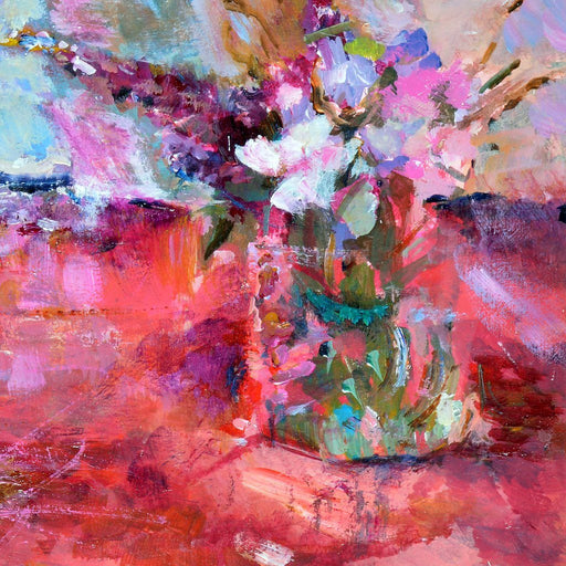 Floral Card made from original art. The abstract art card is from an original painting of red and pink flowers by judi glover art.