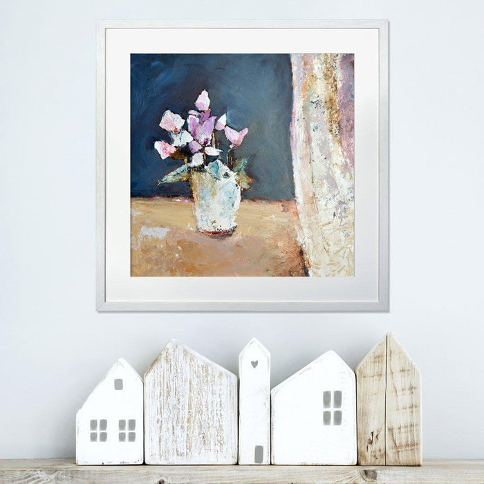 Cyclamen Prints from a painting of Greek Cyclamen. The Cyclamen Art Prints show a single cyclamen in a pot on a shelf next to a curtain and are available at Judi Glover Art