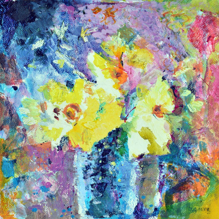 Floral card by Judi Glover Art made from an original oil painting of Daffodils. The fine art card is printed in the UK on high quality 300 gsm card and measures 6" x 6
