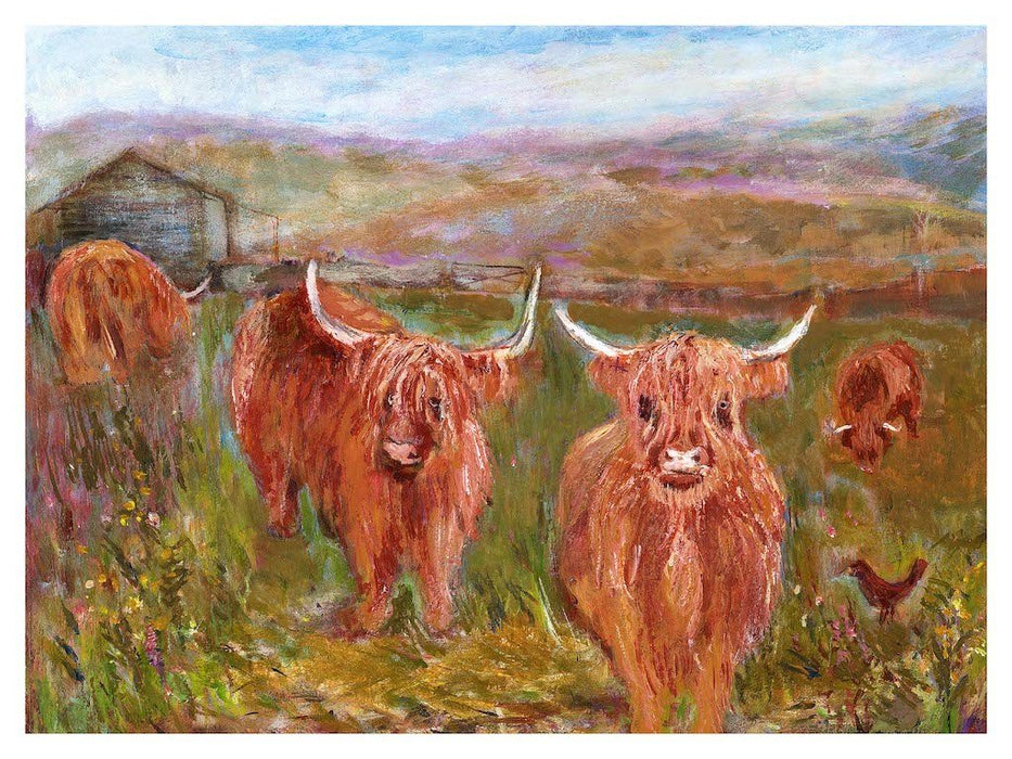 Highland cows print with striking long horns and beautiful flowing coats available at www.judigloverart.com. The highland cow art was printed from a painting of cows in the field behind my studio