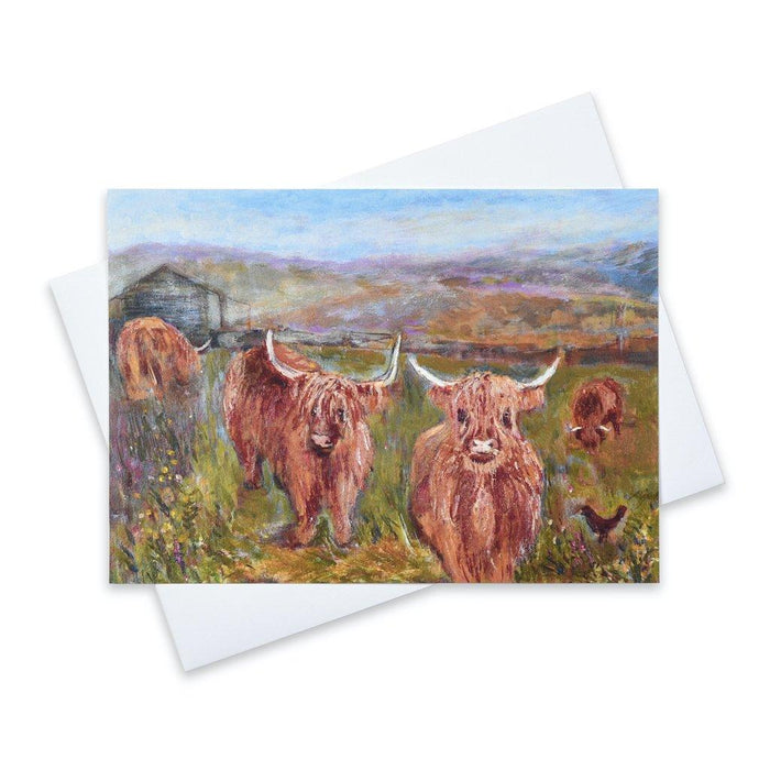Art greeting cards available from www.judigloverart.com. The Highland cow cards show highland cattle in a field and are from a painting by Judi Glover. Each card is a blank greeting card and measures 7in x 5in