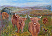Highland cow cards available at www.judigloverart.com. The cow cards show highland cattle in a field. Each original art greeting card measures 7 in x 5 in and is blank with envelopes