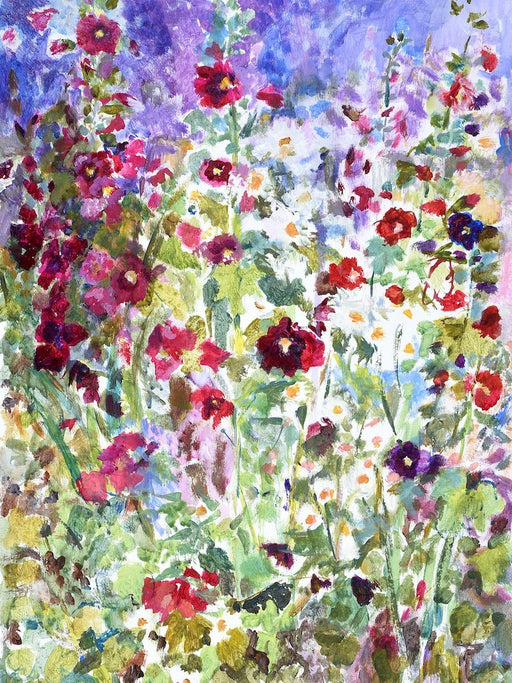 Greeting card by UK Artist Judi Glover. Each floral greeting card has an artistic use of colour and made from a painting of hollyhocks and daisies. 