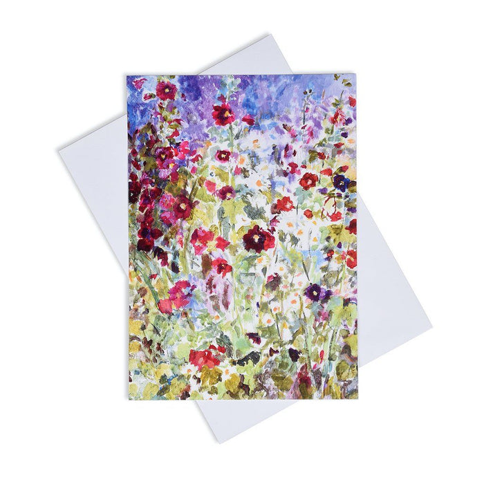 Greeting card by Judi Glover Art. The floral greeting card has bright colours showing hollyhocks and daisies. 