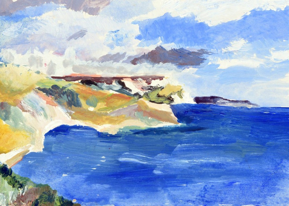 Painting called Jurassic Coast in Dorset that the artistic Greeting Card called the Jurassic Coast in Dorset was made from. Jurassic Coast in Dorset, UK. Fine Art Greeting Card made by Judi Glover available at Judi Glover Art. The card shows the blue seas of the coast in Dorset along with the cliffs. The card is hand printed and made from sustainable forests. 