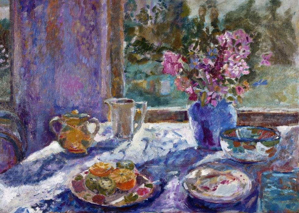 Original Art Greeting Card. A greeting card made from an original still life painting. The card shows flowers and objects on a table with late summer light shining through. Fine Art Greeting Card made from and original painting by Judi Glover. Available at Judi Glover Art. 