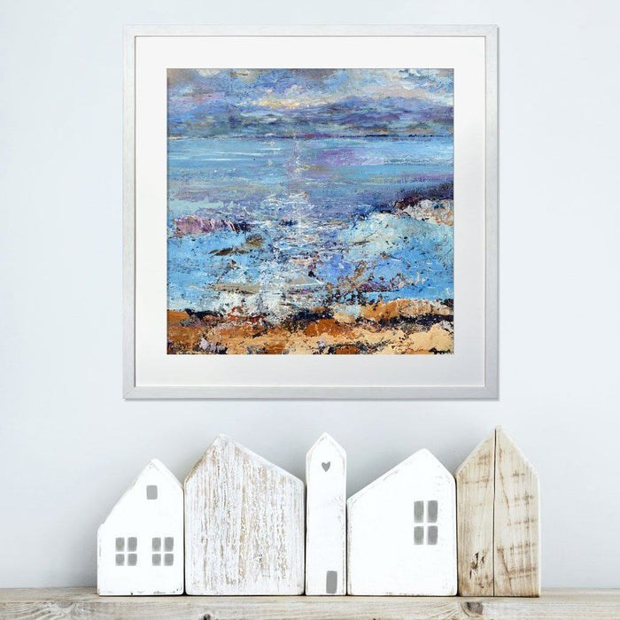 Isle of Mull Print from original art painting by Judi Glover Art. The seascape prints show an abstract view of the sea towards the Isle of Mull in Scotland. The print is framed in light grey and is hanging on a wall and available from Judi Glover Art
