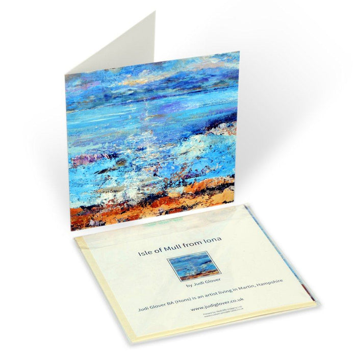 Fine art greeting card from the original painting of the Isle of Mull from Iona which is available online at Judi Glover Art