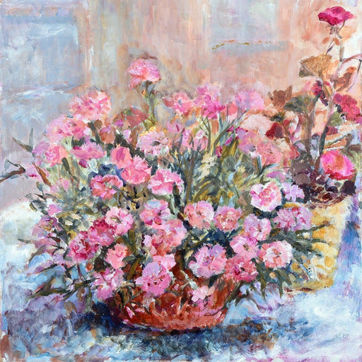 Floral greeting card by Judi Glover Art. The carnation card shows carnation flowers in a terracotta bowl and are bright pink. Each art greeting card is blank with envelopes