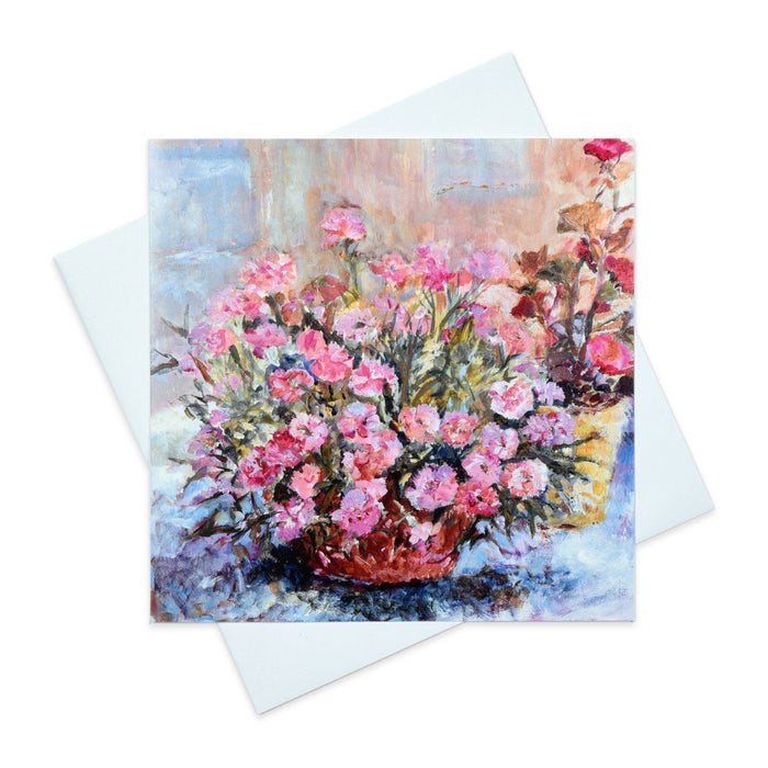 Art Greeting Card with Pink Carnations made from original art by Judi Glover Art in the UK. Each floral greeting card measures 6 x 6 inches and is blank inside