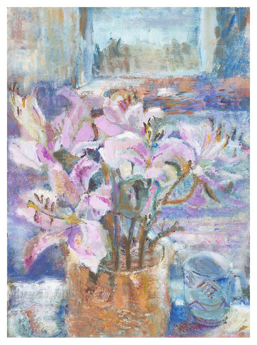 Art Print. Art print of Pink Lilies in a vase. Original Still Life Painting by a UK Artist. Available as an giclee art print and a framed art print. Prints from Original Art by UK Artist Judi Glover